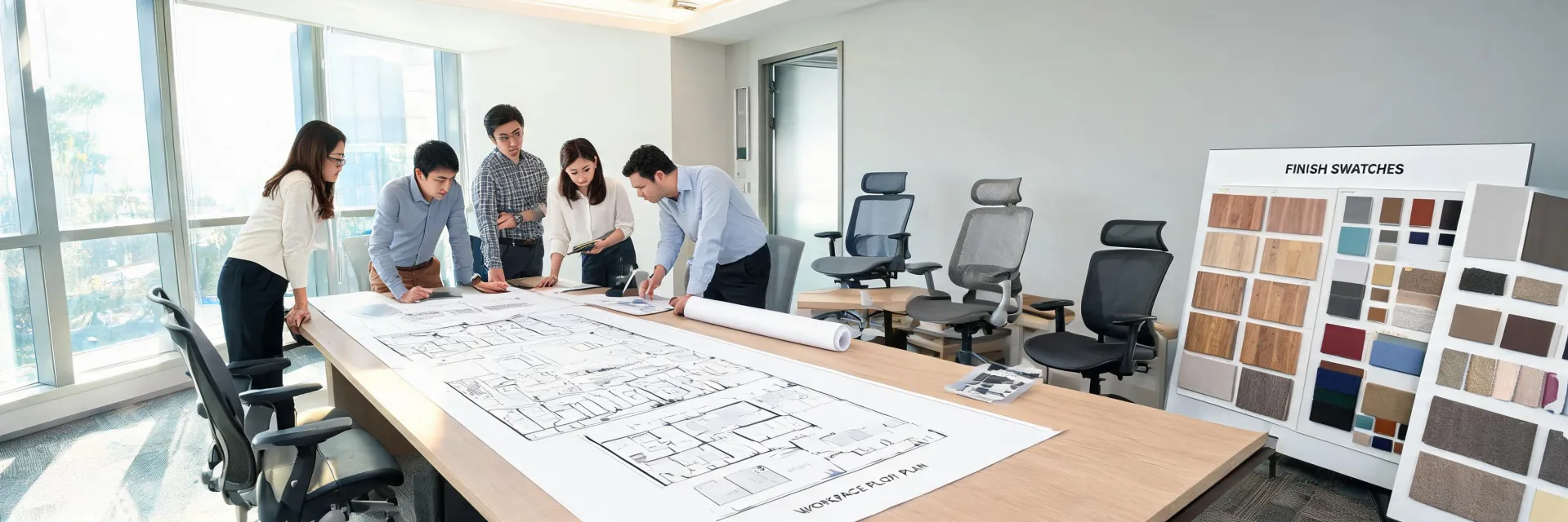 Teknion team reviewing office furniture plans
